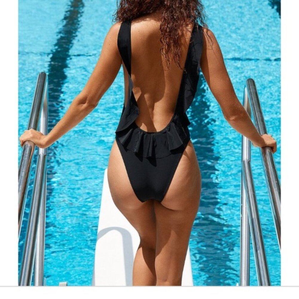 aerie Black Ruffle One-Piece Swimsuit